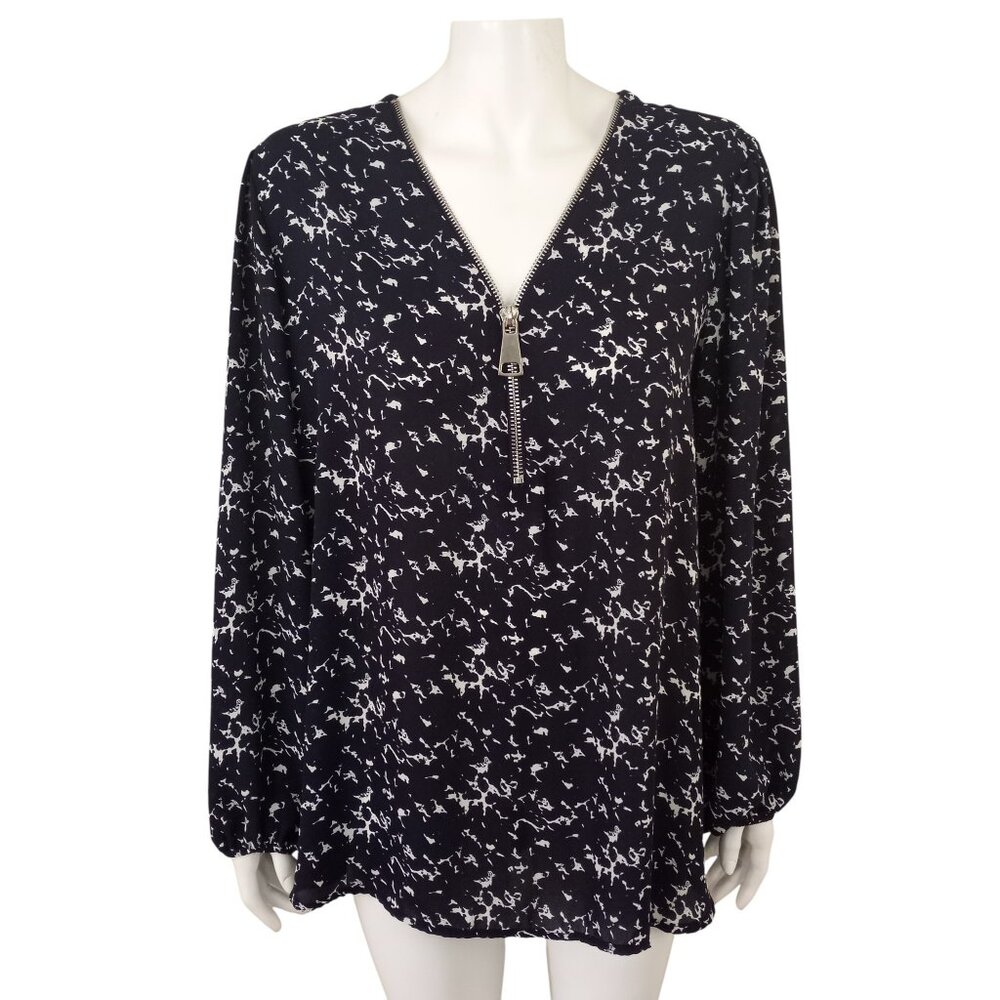 Premise Studio Navy White Print Zipper Blouse Womens 2X Long Sleeve Pullover